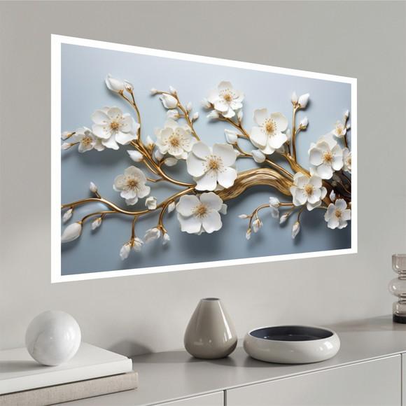 Quadro Decorativo Flor Branca e Dourada Moderno com Moldura