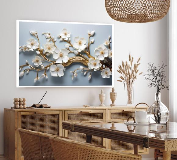 Quadro Decorativo Flor Branca e Dourada Moderno com Moldura