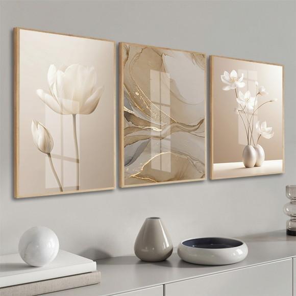 Quadro Decorativo Flores Abstrato Bege Boho Moldura e Vidro