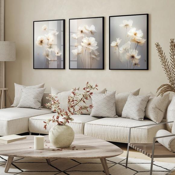 Quadro Decorativo Flores Brancas Modernas Sala Moldura Vidro