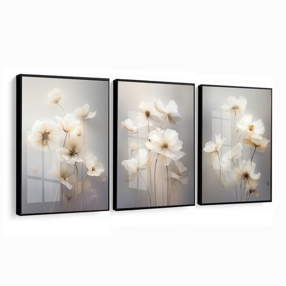 Quadro Decorativo Flores Brancas Modernas Sala Moldura Vidro