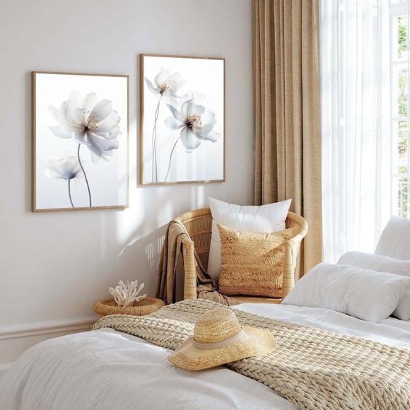 Quadro Decorativo Flores Brancas Sala Quarto Hall com Vidro