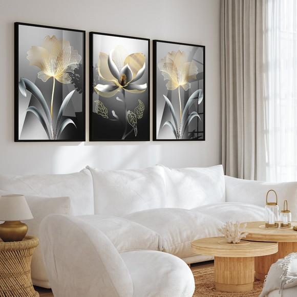 Quadro Decorativo Flores Douradas Modernas Moldura e Vidro