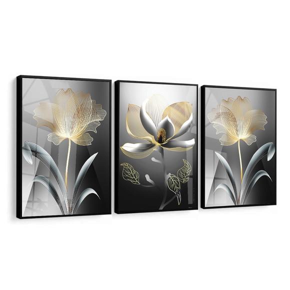 Quadro Decorativo Flores Douradas Modernas Moldura e Vidro