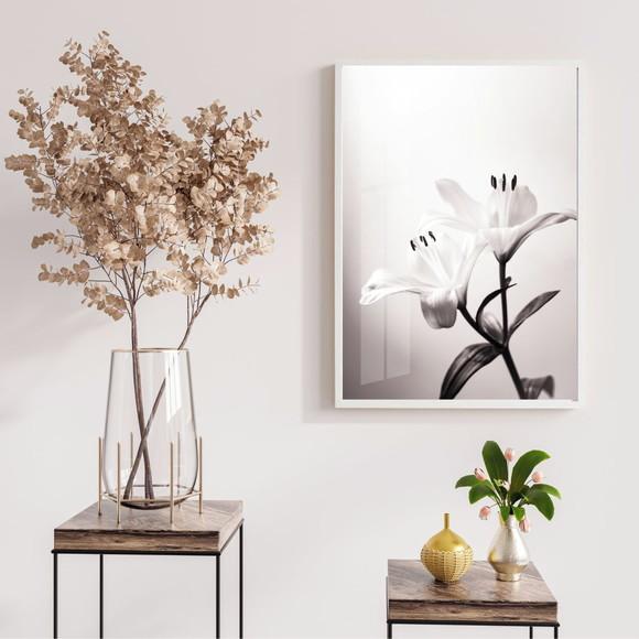 Quadro Decorativo Flores Preto e Branco Com Moldura e Vidro