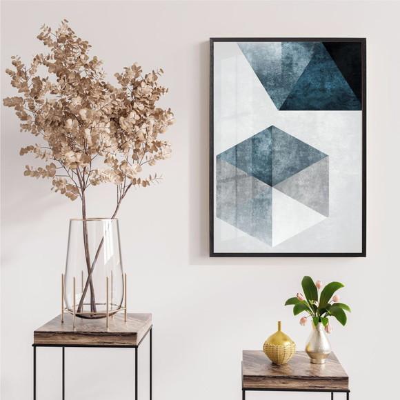 Quadro Decorativo Geométrico Abstrato Azul Com Moldura Vidro