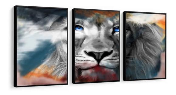 Quadro Decorativo Leão De Judá Para Salas Trio Com Moldura