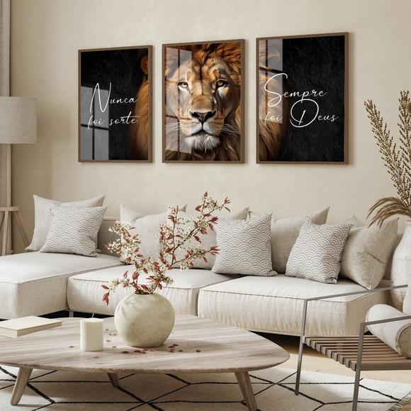 Quadro Decorativo Leão Nunca Foi Sorte Sempre Foi Deus Vidro