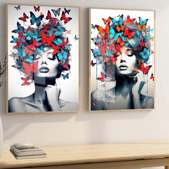 Quadro Decorativo Moderno Borboleta Mulher Flores com Vidro