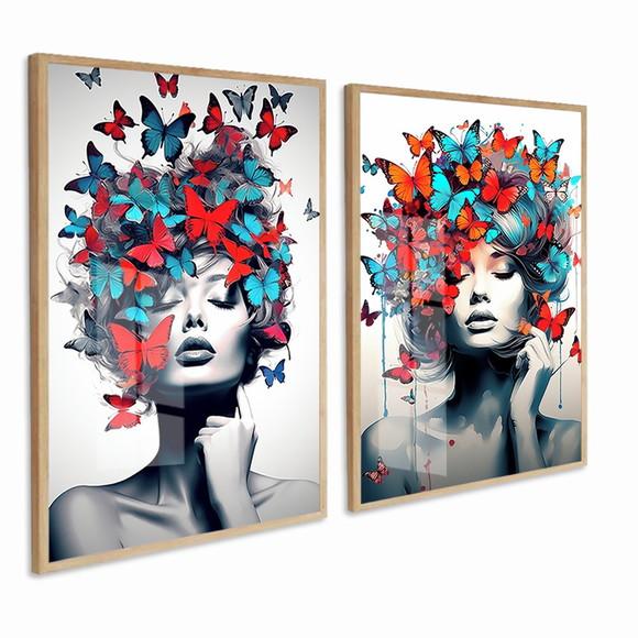 Quadro Decorativo Moderno Borboleta Mulher Flores com Vidro