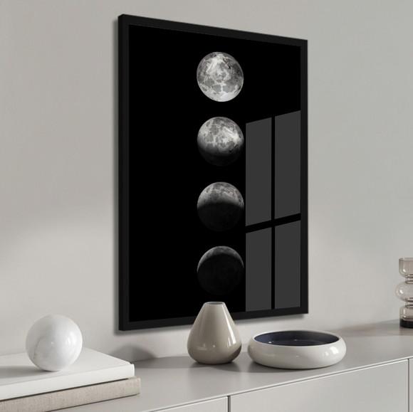 Quadro Decorativo Moderno Fases da Lua com Moldura e Vidro