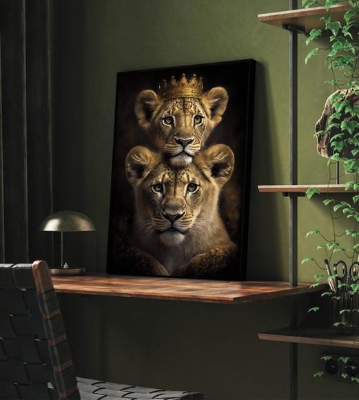 Quadro Decorativo Moderno Família de Leão Sala com Moldura