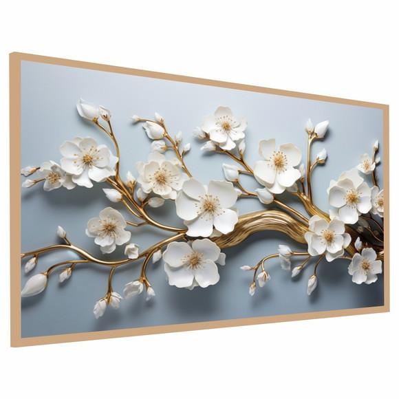 Quadro Decorativo Moderno Flor Branca e Dourada Luxo Moldura