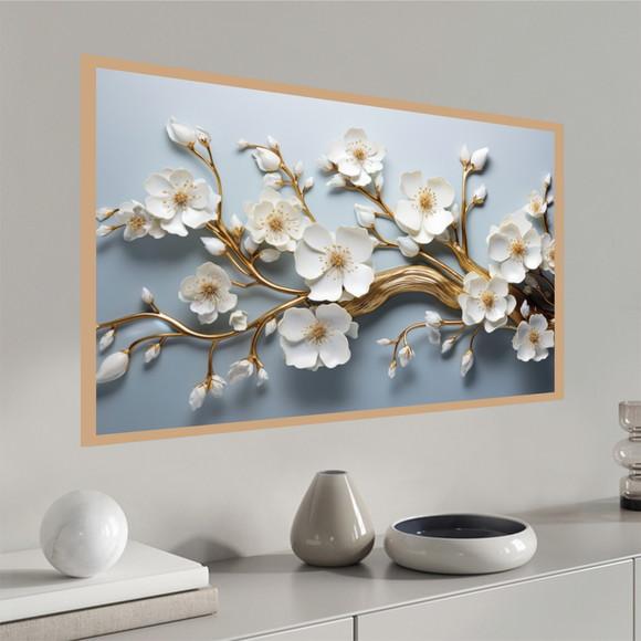 Quadro Decorativo Moderno Flor Branca e Dourada Luxo Moldura