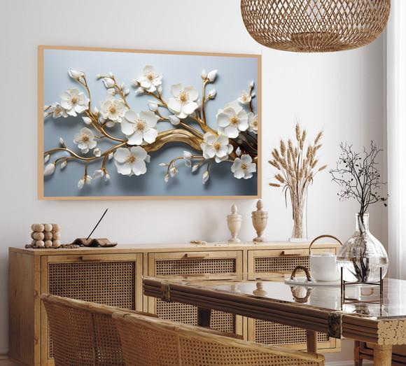 Quadro Decorativo Moderno Flor Branca e Dourada Luxo Moldura