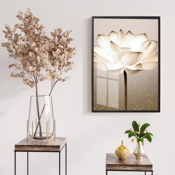 Quadro Decorativo Moderno Flor Bege com Moldura e Vidro