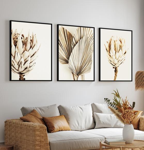 Quadro Decorativo Moderno Folhagem Bege Boho Flores Moldura