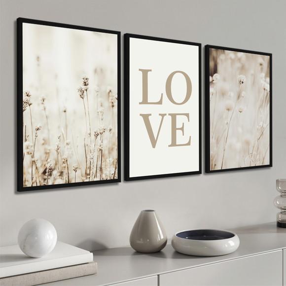 Quadro Decorativo Moderno Folhagem Bege Love Frases Moldura