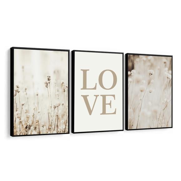 Quadro Decorativo Moderno Folhagem Bege Love Frases Moldura