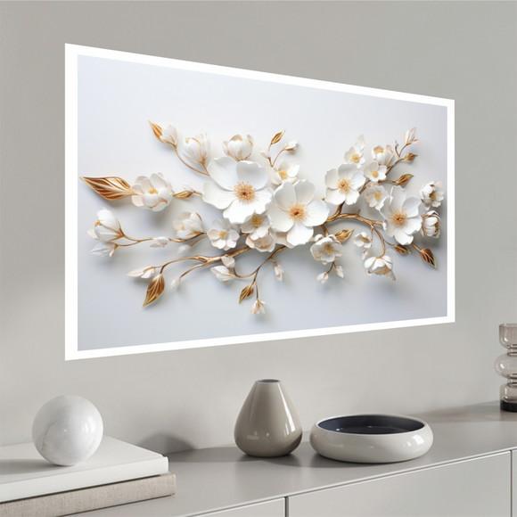 Quadro Decorativo Moderno Grande Flor Branca Dourada Moldura