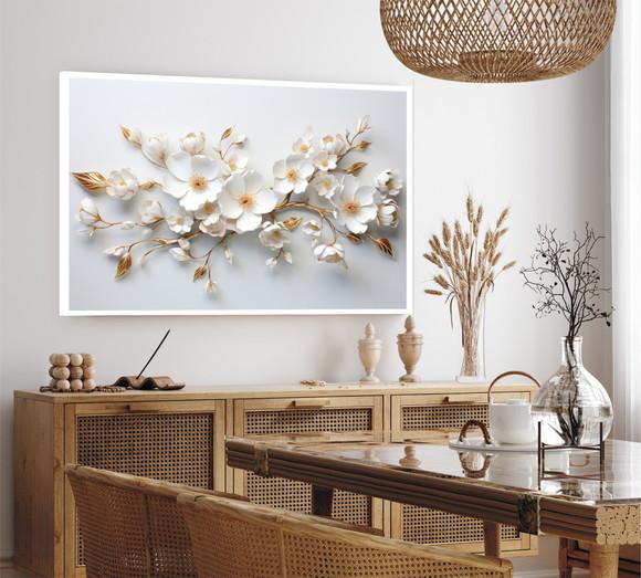 Quadro Decorativo Moderno Grande Flor Branca Dourada Moldura