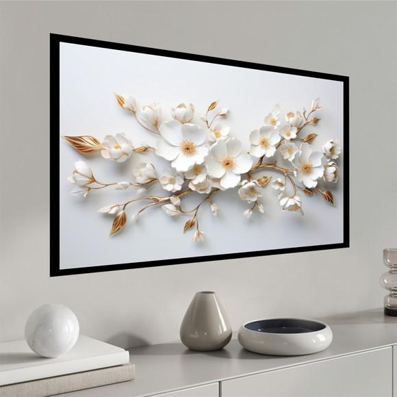 Quadro Decorativo Moderno Grande Flor Branca Gold Moldura