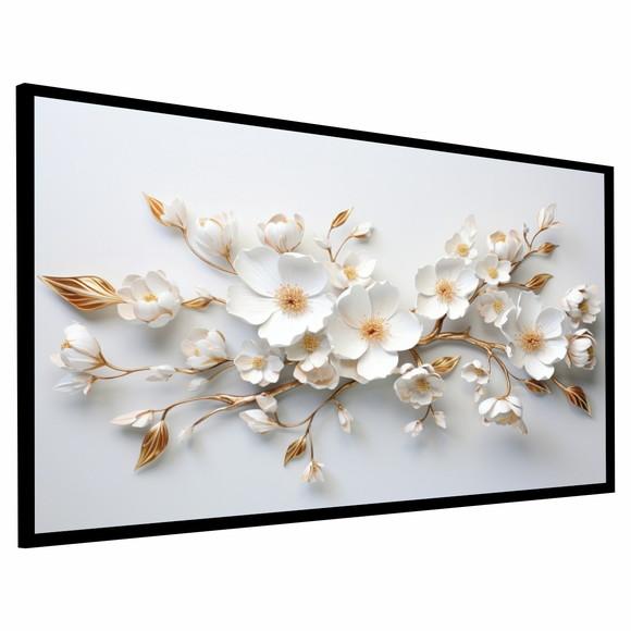 Quadro Decorativo Moderno Grande Flor Branca Gold Moldura
