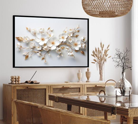 Quadro Decorativo Moderno Grande Flor Branca Gold Moldura