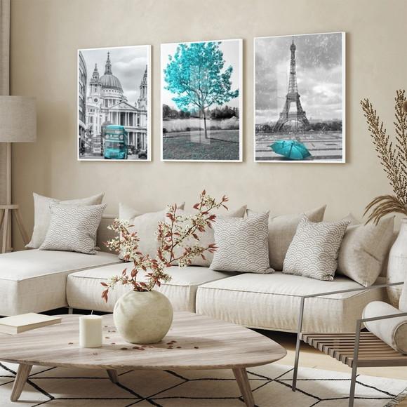 Quadro Decorativo Moderno Londres e Paris Arvore Azul Vidro