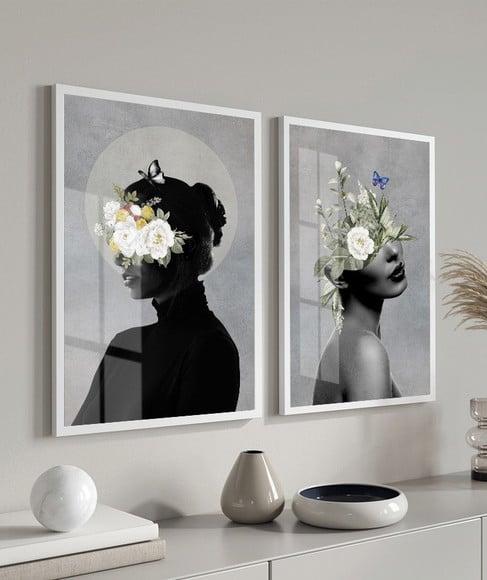Quadro Decorativo Moderno Mulher Flores com Moldura e Vidro