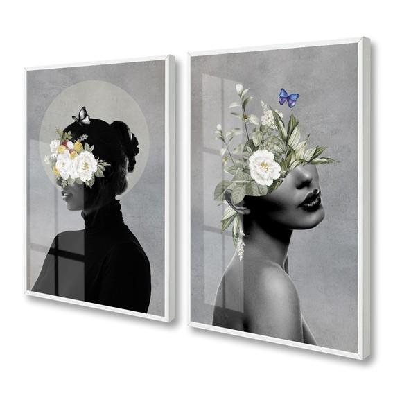 Quadro Decorativo Moderno Mulher Flores com Moldura e Vidro