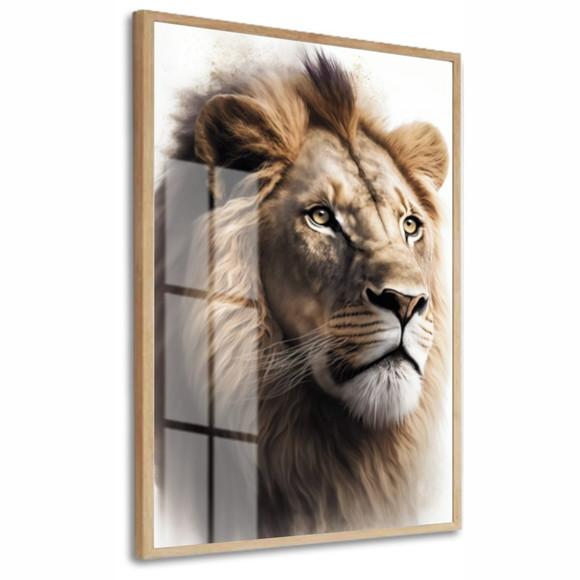 Quadro Decorativo Moderno Rosto Leão Animais Moldura e Vidro