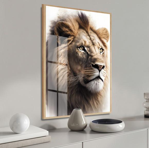 Quadro Decorativo Moderno Rosto Leão Animais Moldura e Vidro