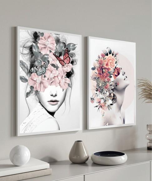 Quadro Decorativo Modernos Mulher Flores Quarto Sala Moldura