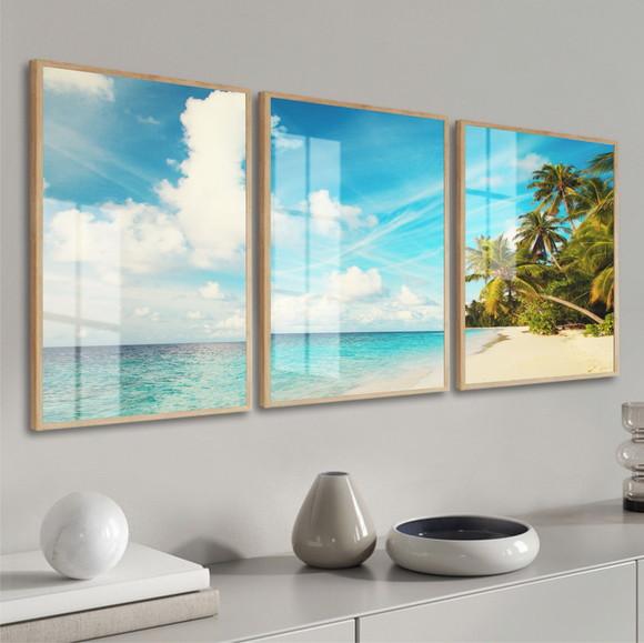Quadro Decorativo Paisagem Azul Praia Mar Coqueiro com Vidro