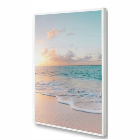 Quadro Decorativo Paisagem Mar Pôr do Sol Praia com Moldura