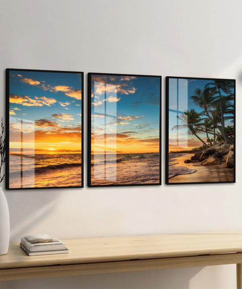 Quadro Decorativo Paisagem Por do Sol Mar Coqueiro com Vidro