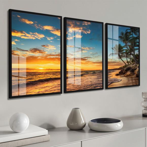 Quadro Decorativo Paisagem Por do Sol Mar Coqueiro com Vidro