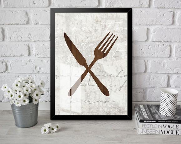 Quadro Decorativo Para Cozinha Talheres Com Moldura e Vidro