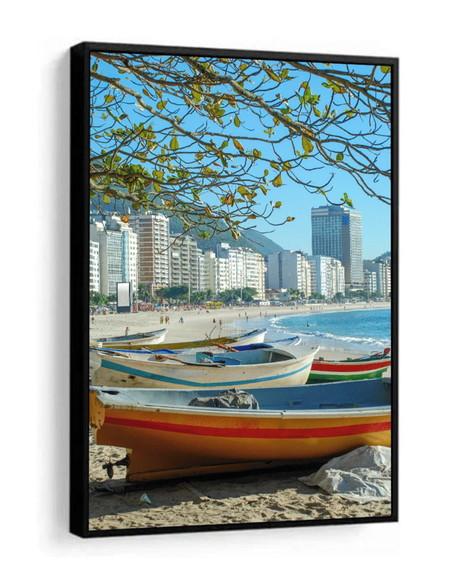 Quadro Decorativo Praia Barcos Paisagem Cidade Com Moldura