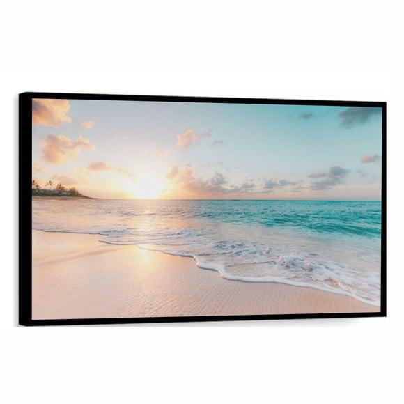 Quadro Decorativo Praia Pôr do Sol Mar Paisagem com Moldura