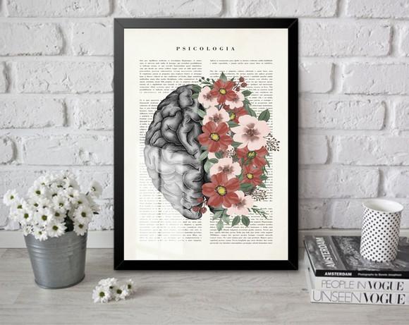 Quadro Decorativo Psicologia Cérebro Com Moldura e Vidro