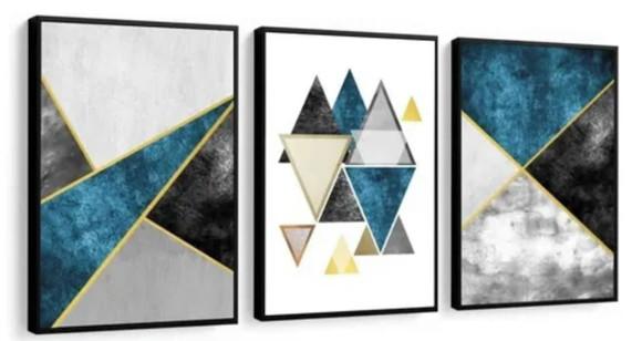 Quadros Decorativos Abstrato Azul Dourado Gold Sala Moldura