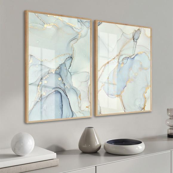 Quadros Decorativos Abstrato Azul Luxo Dourado Moldura Vidro