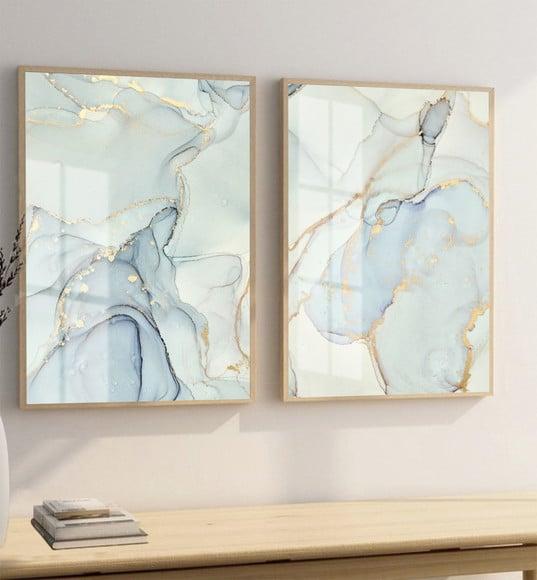 Quadros Decorativos Abstrato Azul Luxo Dourado Moldura Vidro