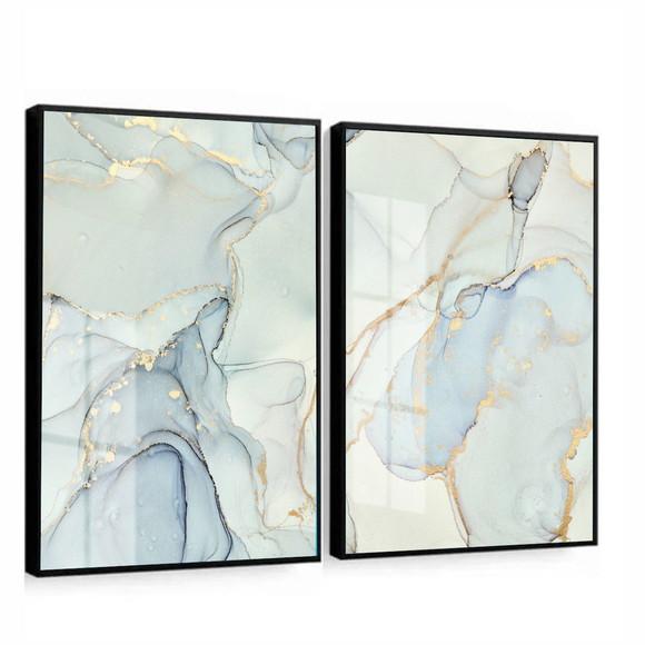Quadros Decorativos Abstrato Azul Luxo Dourado Moldura Vidro