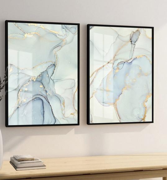Quadros Decorativos Abstrato Azul Luxo Dourado Moldura Vidro