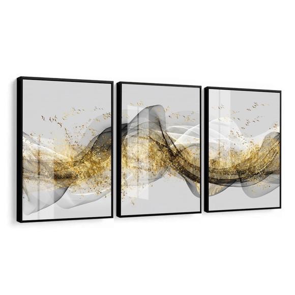 Quadros Decorativos Abstrato Dourado Cinza Moldura e Vidro