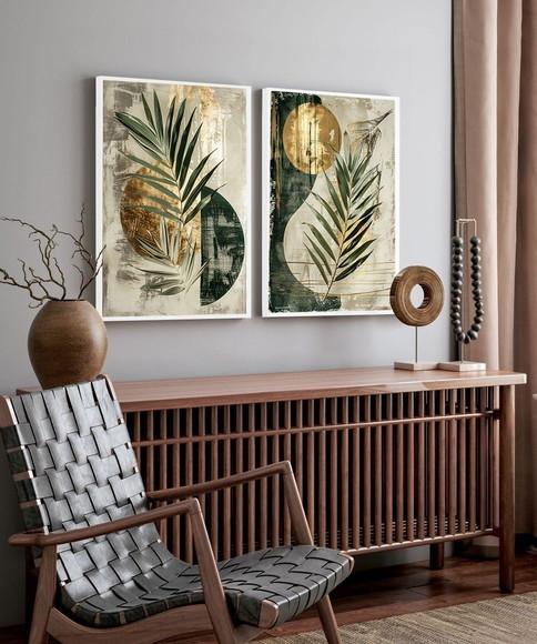 Quadros Decorativos Abstrato Dourado Folhagem Verde Moldura