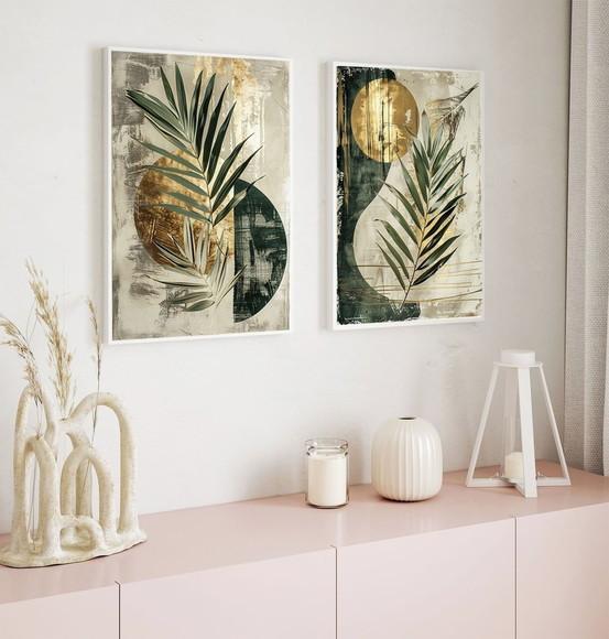Quadros Decorativos Abstrato Dourado Folhagem Verde Moldura